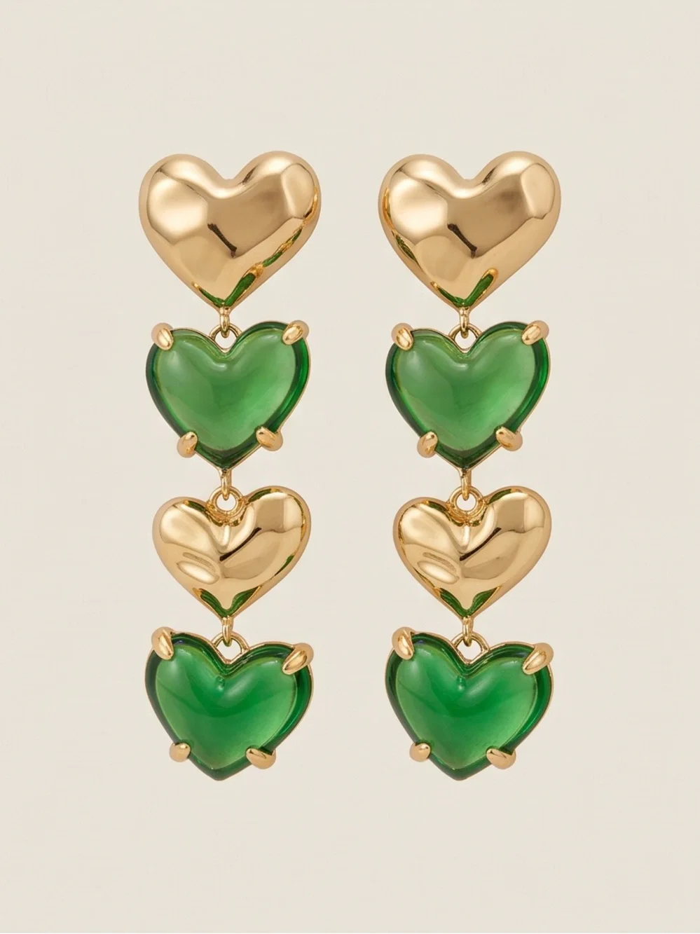 Gold & Green Triple Heart Drop Earrings - Women Jewelry